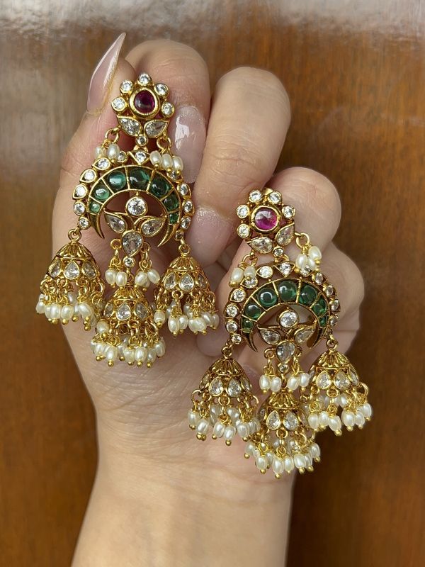Kundan Chandbali Earrings with Pearl Drops