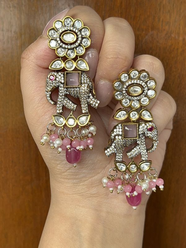 Elephant Motif Kundan Earrings with Pink Bead Drops