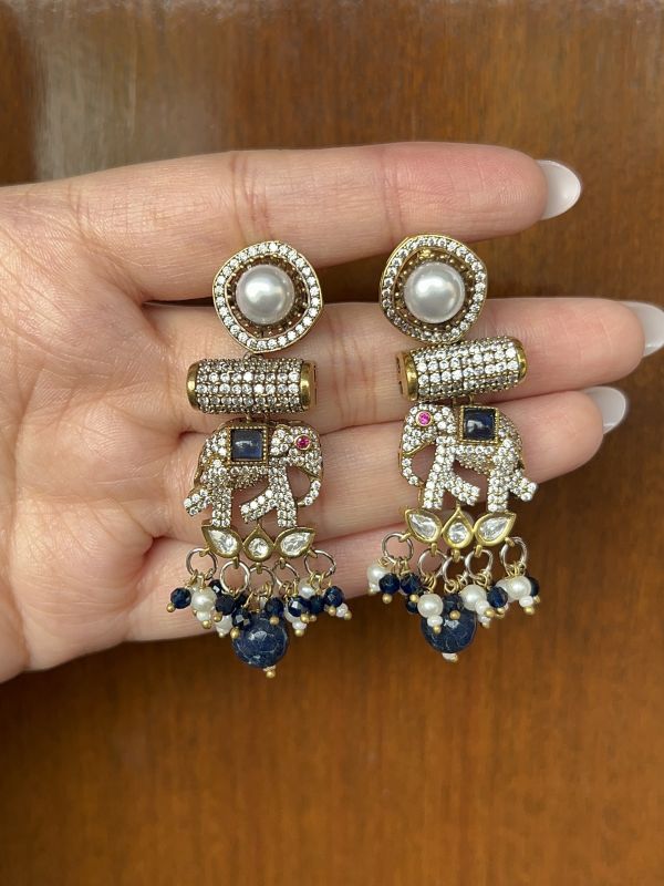 Elephant Motif Kundan Earrings with Pink Bead Drops